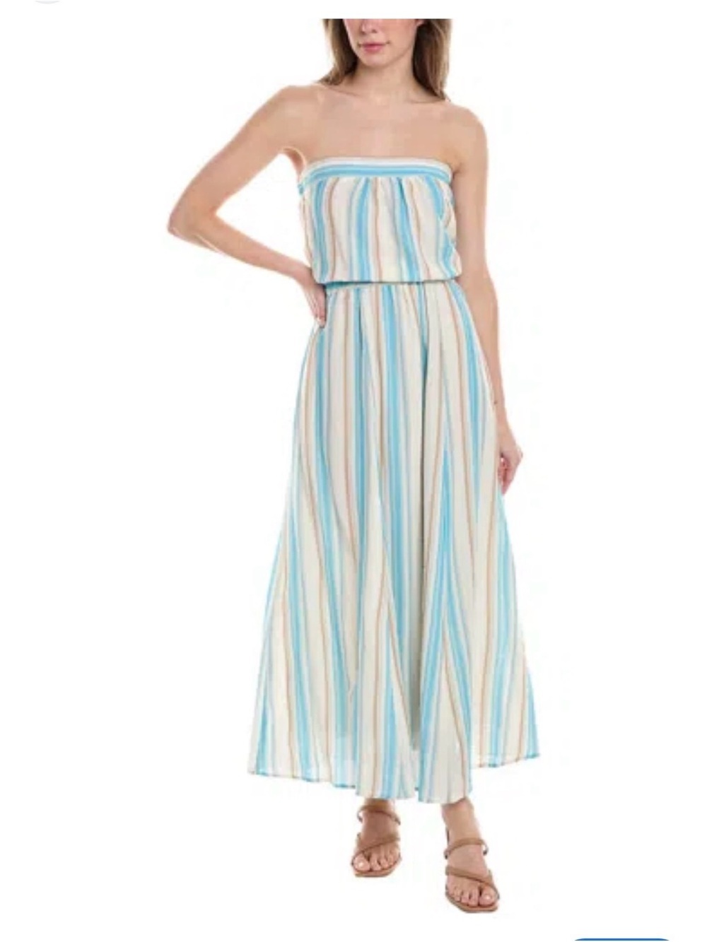 NWT Drew Blue Striped 100% Cotton Strapless Maxi Dress Lined Beach Boho Women L